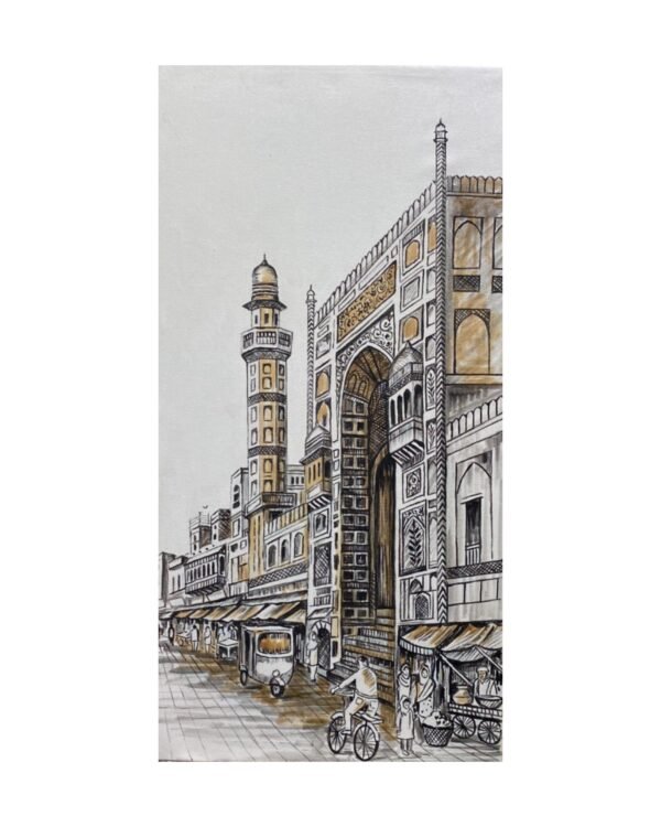 Black and White Wazir Khan Mosque Oil Painting - Image 2